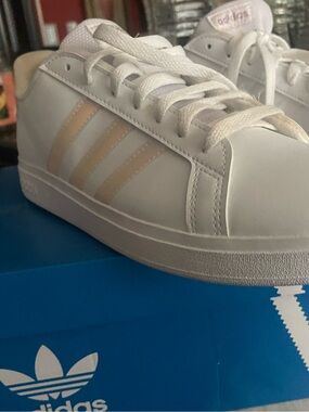 adidas White Sneakers with Pale Peach Stripes